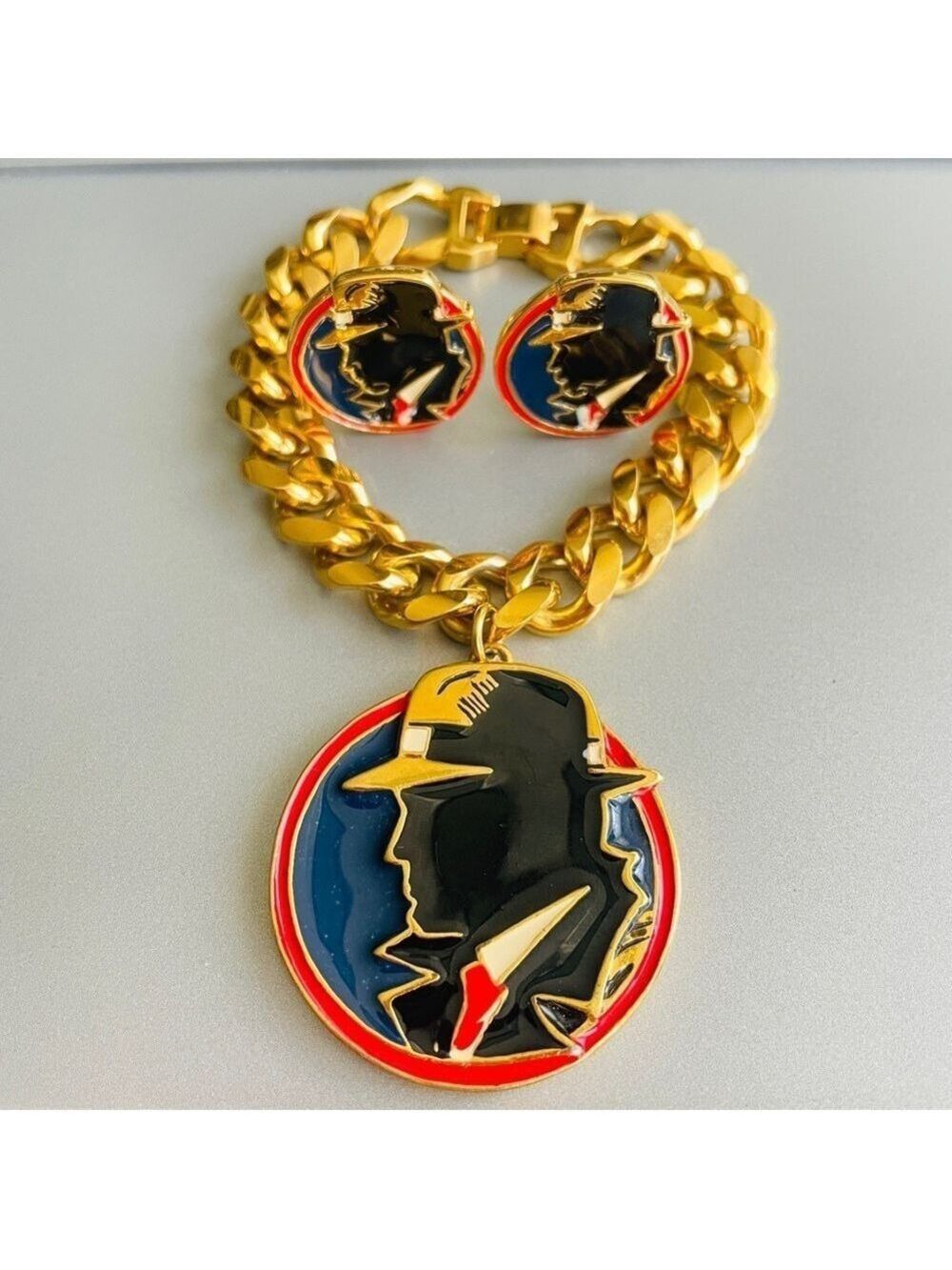 Dick Tracy Wendy Cell Walt Disney Gold Chain Bracelet, Clip Enamel Earri…